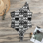Black And White Cassette Tape Print One Shoulder Bodysuit