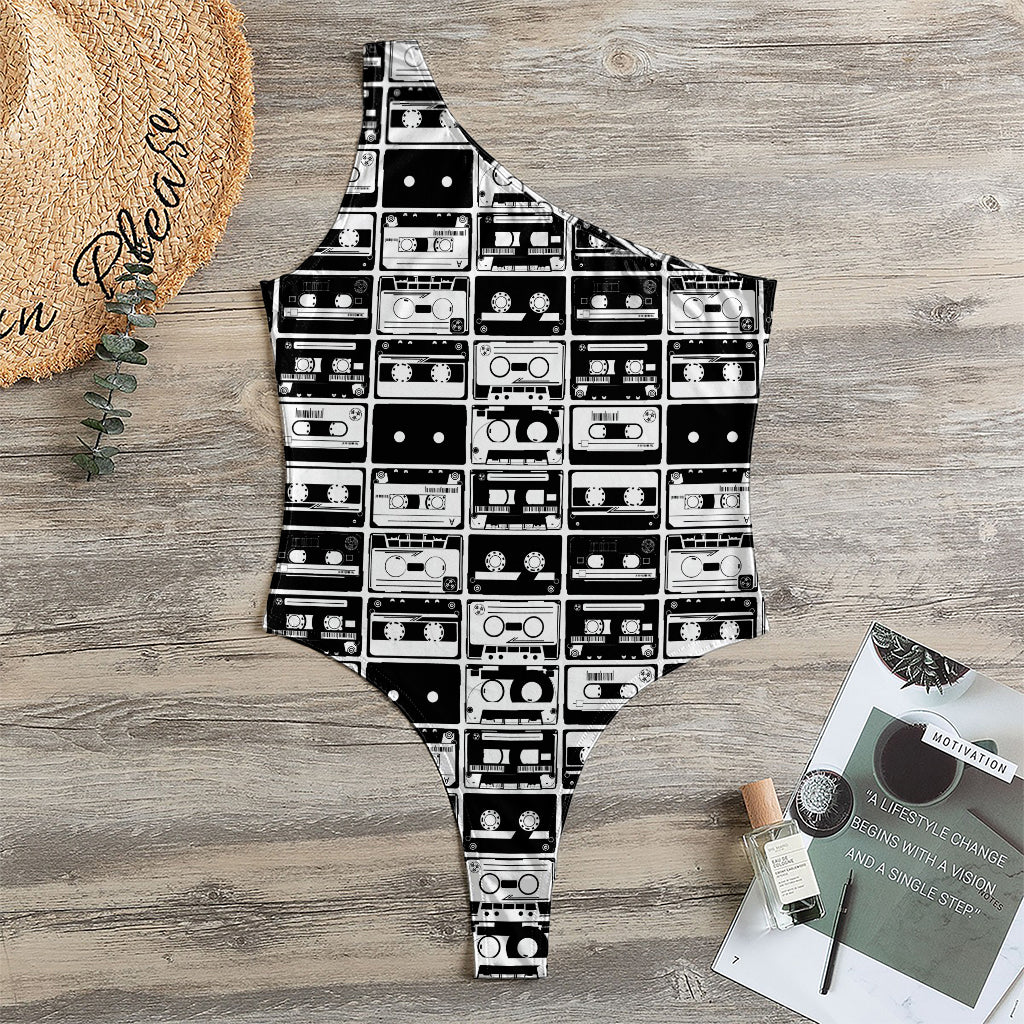 Black And White Cassette Tape Print One Shoulder Bodysuit