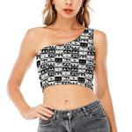 Black And White Cassette Tape Print One Shoulder Crop Top