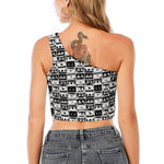 Black And White Cassette Tape Print One Shoulder Crop Top