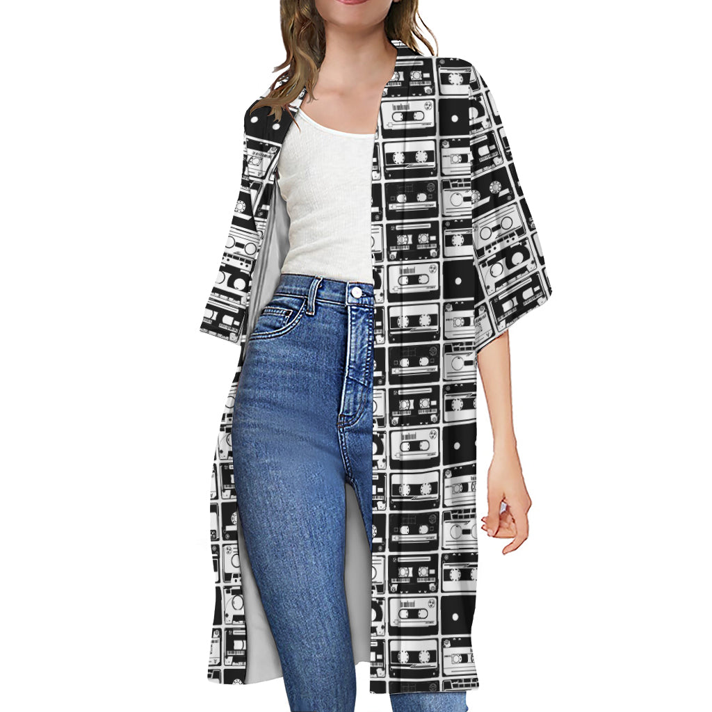 Black And White Cassette Tape Print Open Front Beach Cover Up