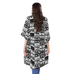 Black And White Cassette Tape Print Open Front Beach Cover Up