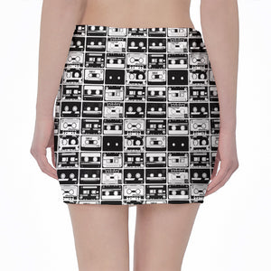 Black And White Cassette Tape Print Pencil Mini Skirt