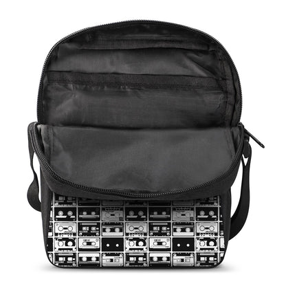 Black And White Cassette Tape Print Rectangular Crossbody Bag