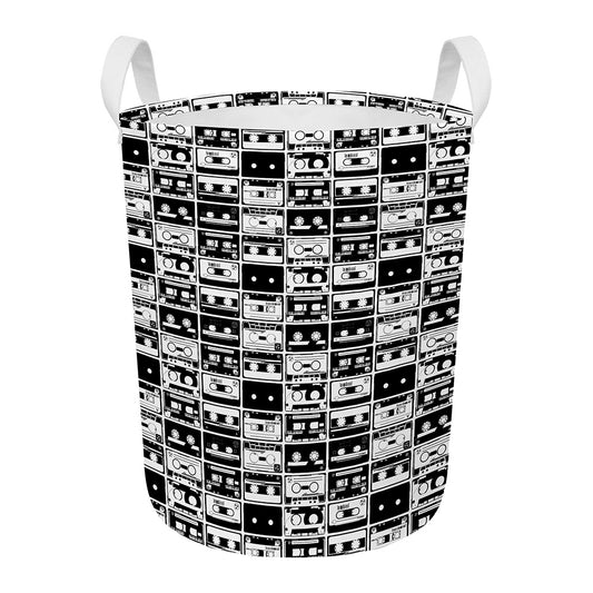 Black And White Cassette Tape Print Round Laundry Basket