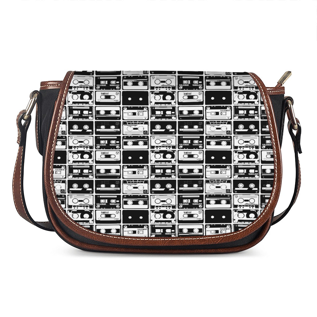 Black And White Cassette Tape Print Saddle Bag