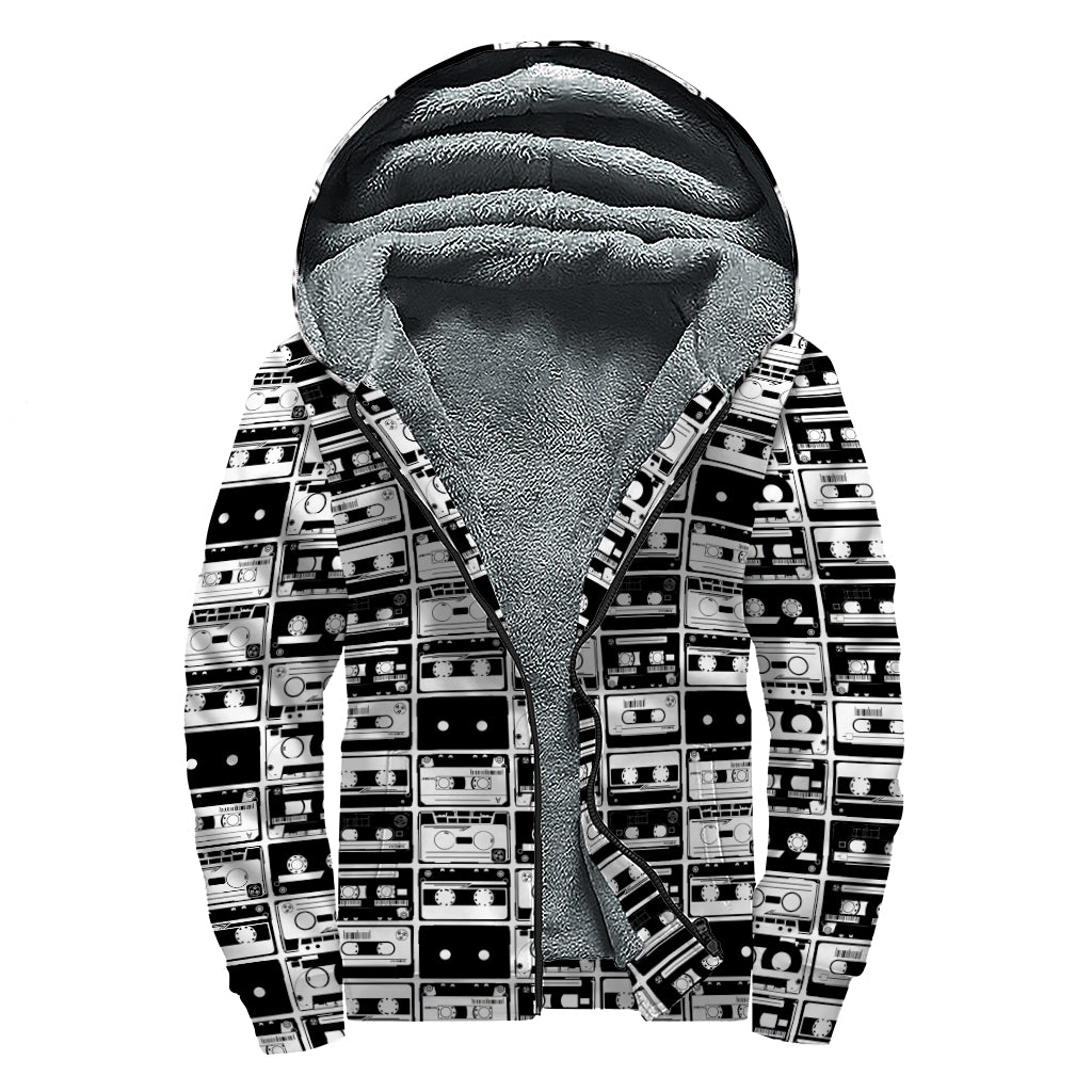Black And White Cassette Tape Print Sherpa Lined Zip Up Hoodie