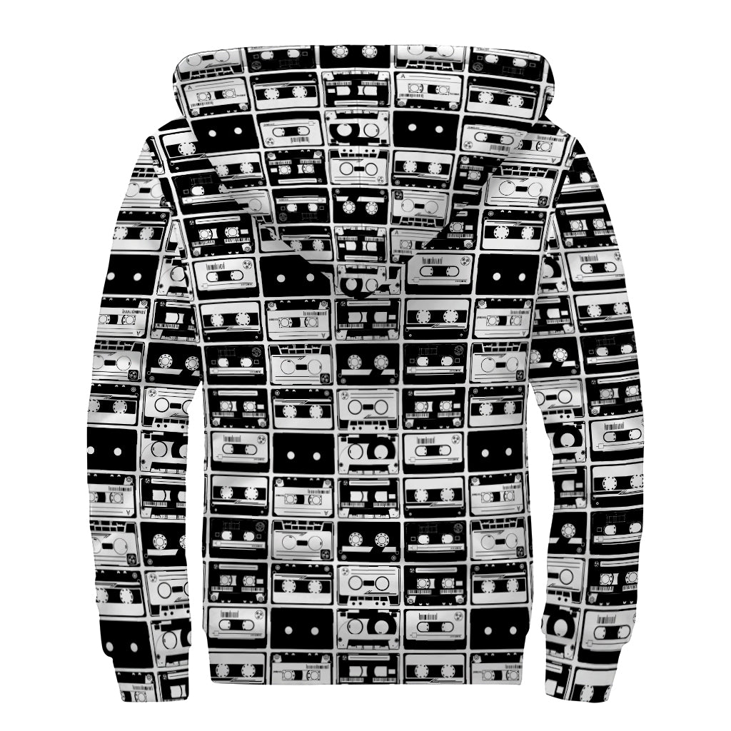 Black And White Cassette Tape Print Sherpa Lined Zip Up Hoodie