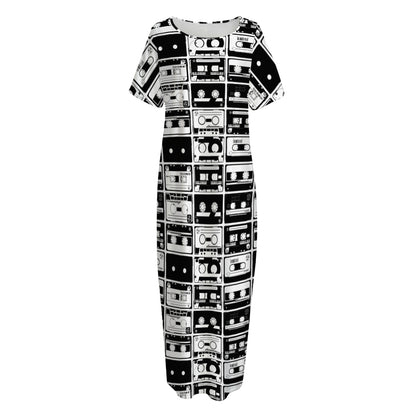 Black And White Cassette Tape Print Short Sleeve Long Nightdress