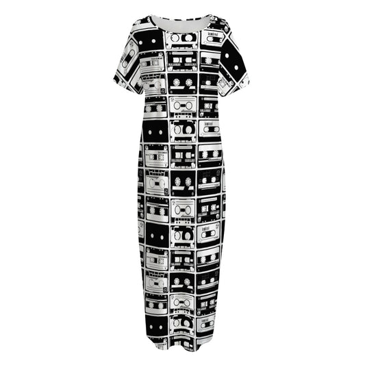Black And White Cassette Tape Print Short Sleeve Long Nightdress