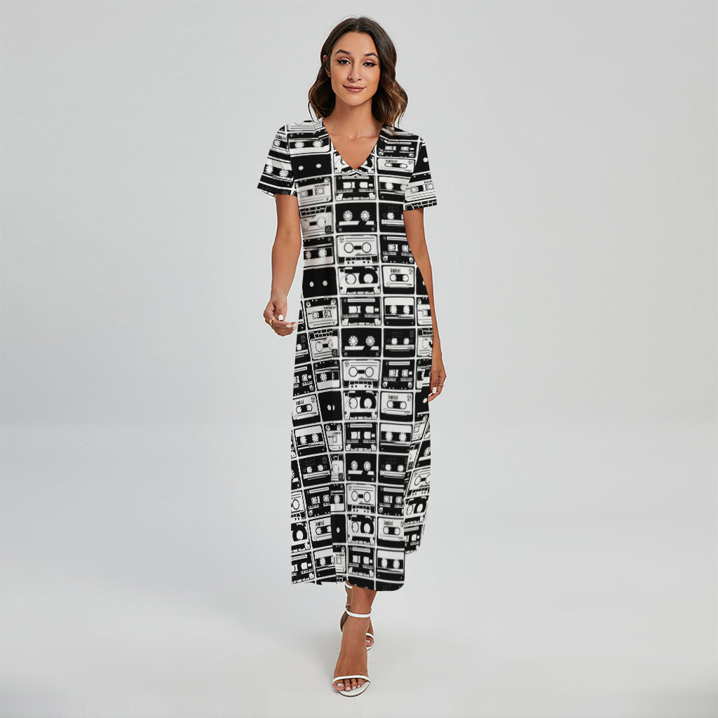 Black And White Cassette Tape Print Short Sleeve Maxi Dress