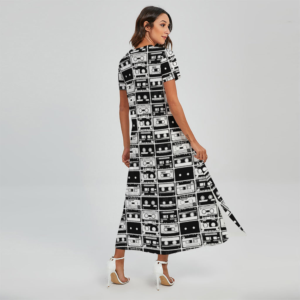 Black And White Cassette Tape Print Short Sleeve Maxi Dress