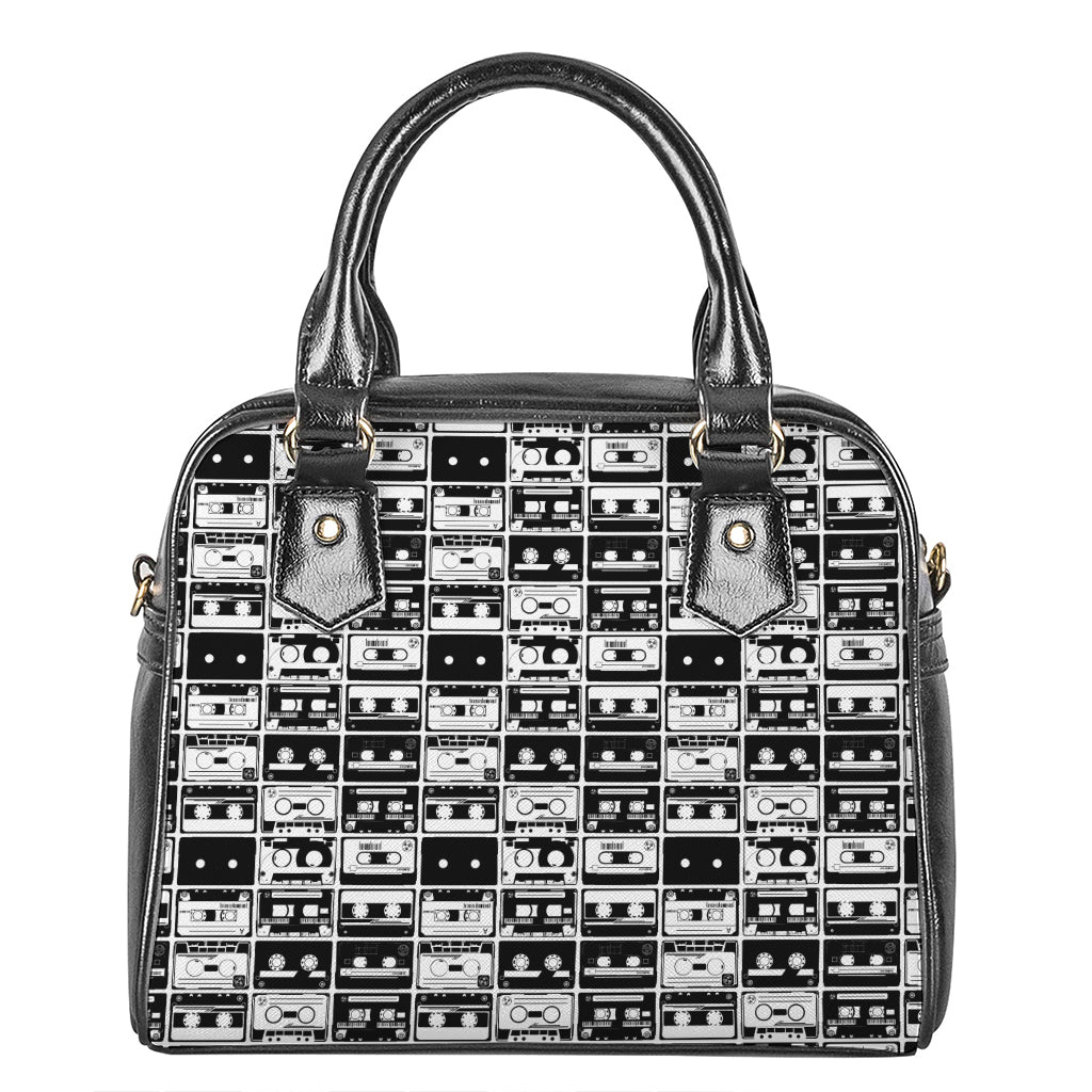 Black And White Cassette Tape Print Shoulder Handbag