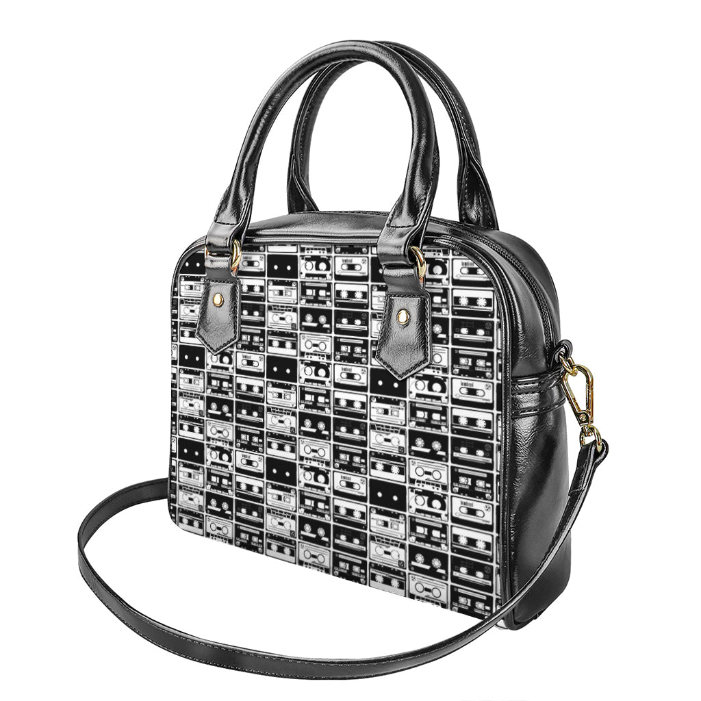 Black And White Cassette Tape Print Shoulder Handbag