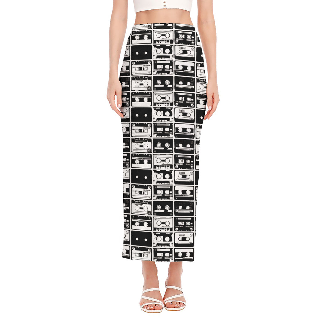 Black And White Cassette Tape Print Side Slit Maxi Skirt