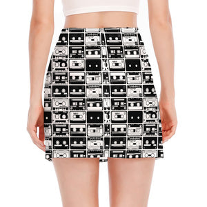 Black And White Cassette Tape Print Side Slit Mini Skirt