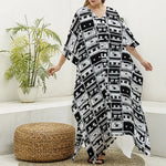 Black And White Cassette Tape Print Silk V-Neck Kaftan Dress