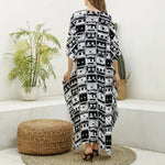 Black And White Cassette Tape Print Silk V-Neck Kaftan Dress