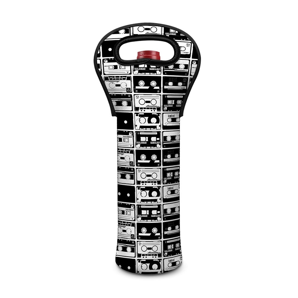 Black And White Cassette Tape Print Single Neoprene Wine Tote