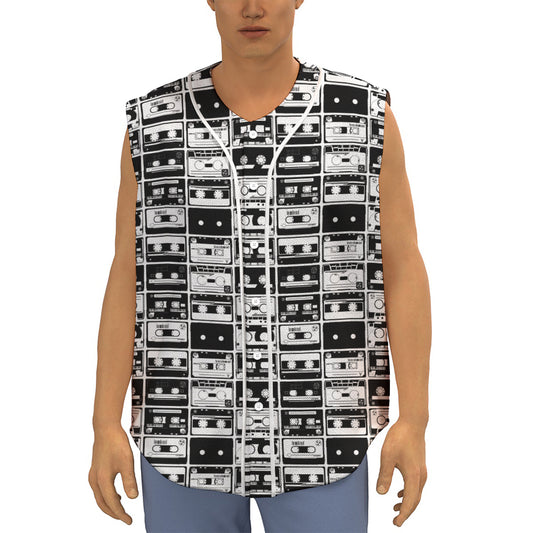 Black And White Cassette Tape Print Sleeveless Baseball Jersey