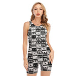 Black And White Cassette Tape Print Sleeveless One Piece Swimsuit