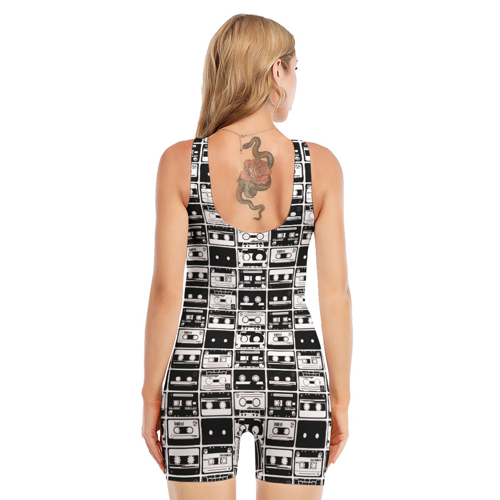 Black And White Cassette Tape Print Sleeveless One Piece Swimsuit