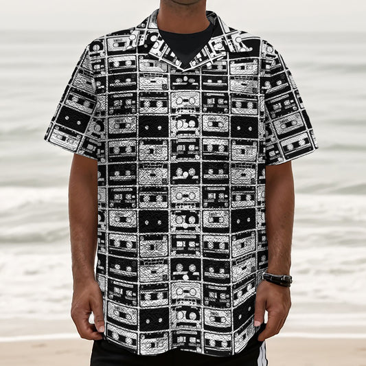 Black And White Cassette Tape Print Textured Short Sleeve Shirt