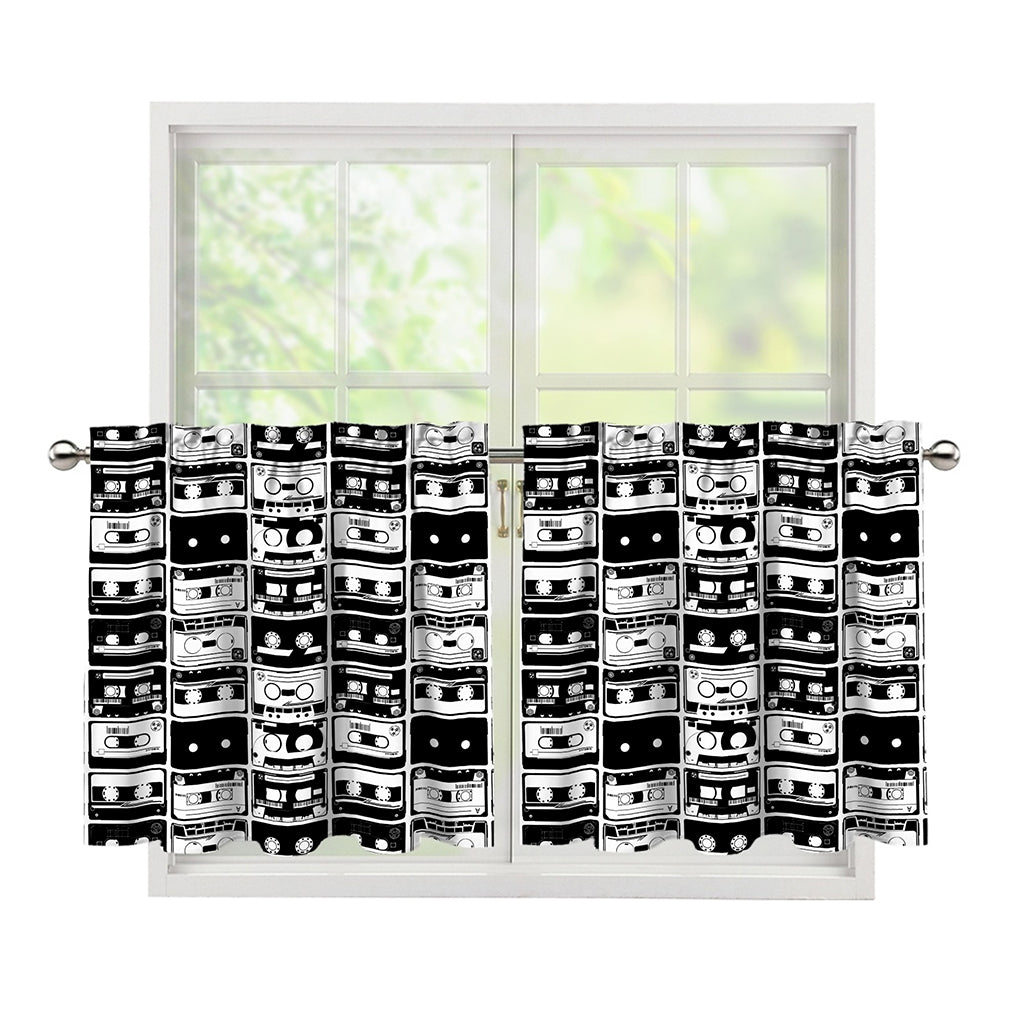 Black And White Cassette Tape Print Tier Curtains