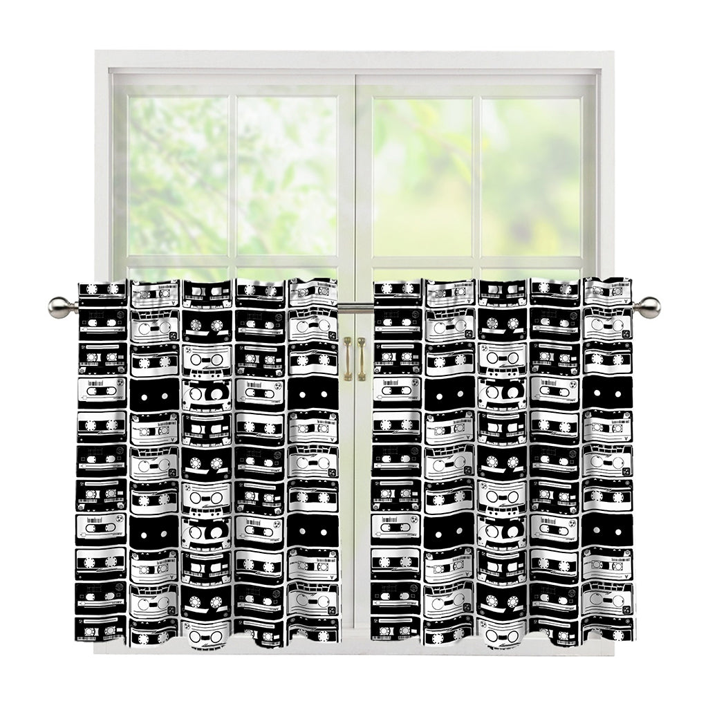 Black And White Cassette Tape Print Tier Curtains