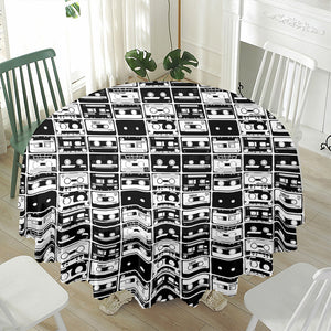 Black And White Cassette Tape Print Waterproof Round Tablecloth