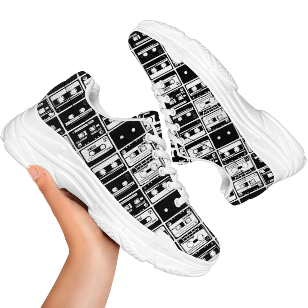 Black And White Cassette Tape Print White Chunky Shoes