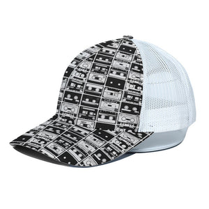 Black And White Cassette Tape Print White Mesh Trucker Cap