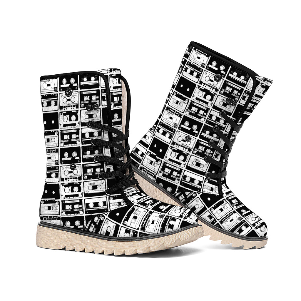 Black And White Cassette Tape Print Winter Boots