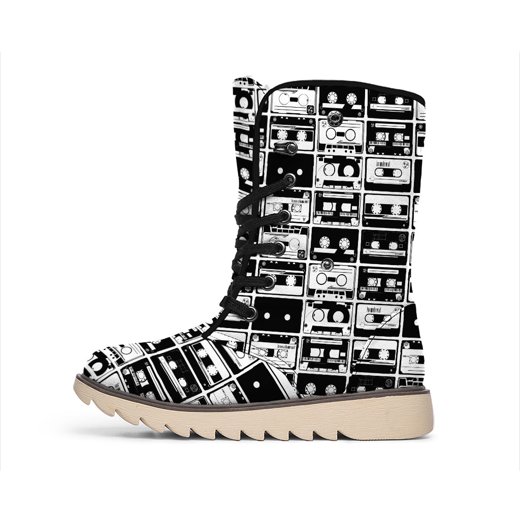 Black And White Cassette Tape Print Winter Boots