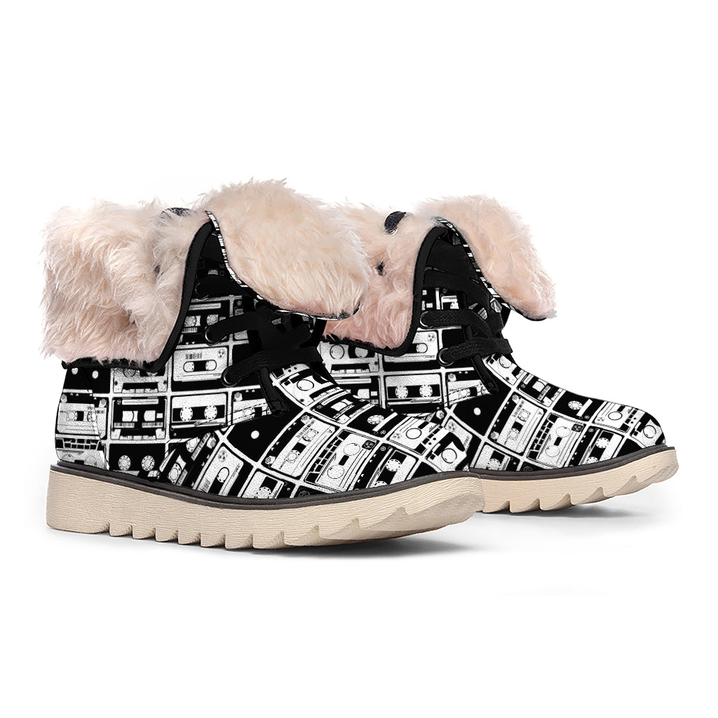 Black And White Cassette Tape Print Winter Boots