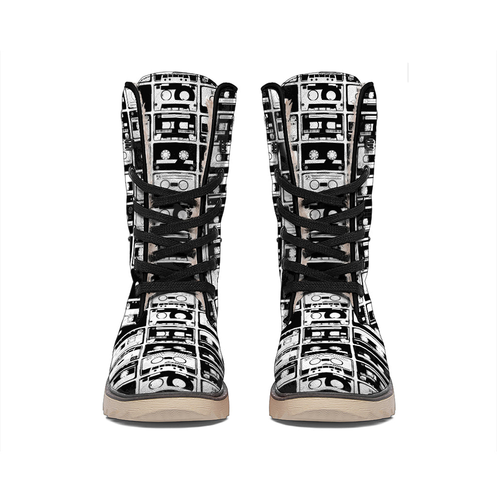 Black And White Cassette Tape Print Winter Boots