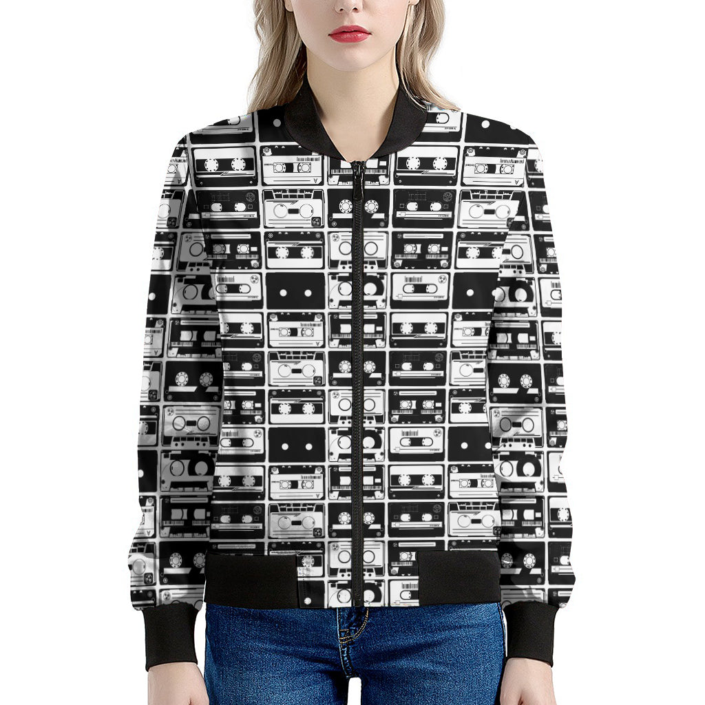 Black And White Cassette Tape Print Women's Bomber Jacket