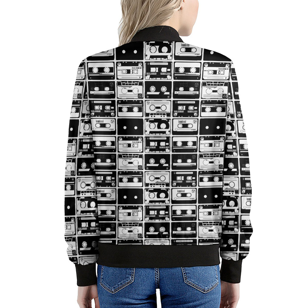 Black And White Cassette Tape Print Women's Bomber Jacket