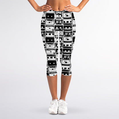 Black And White Cassette Tape Print Women's Capri Leggings