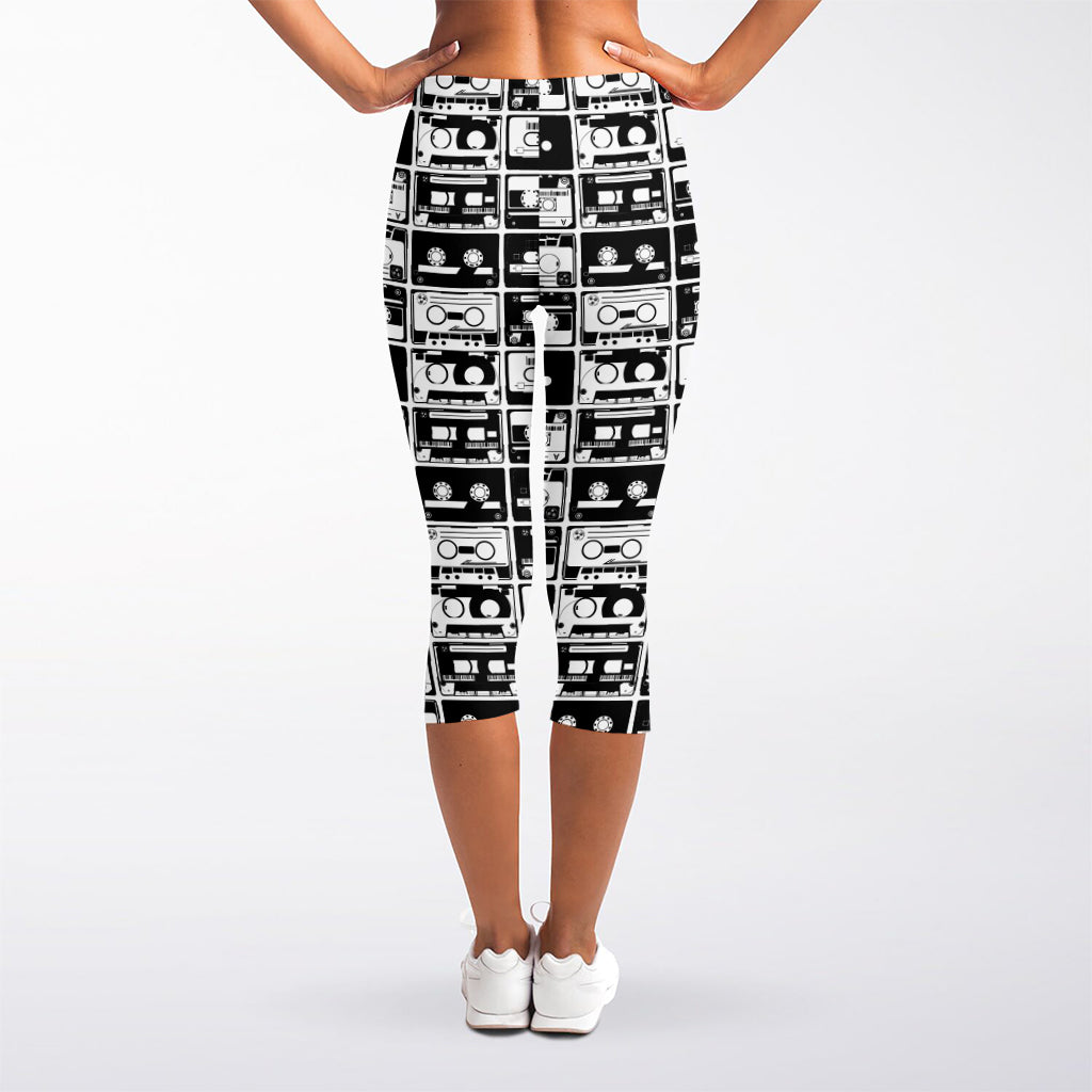 Black And White Cassette Tape Print Women's Capri Leggings