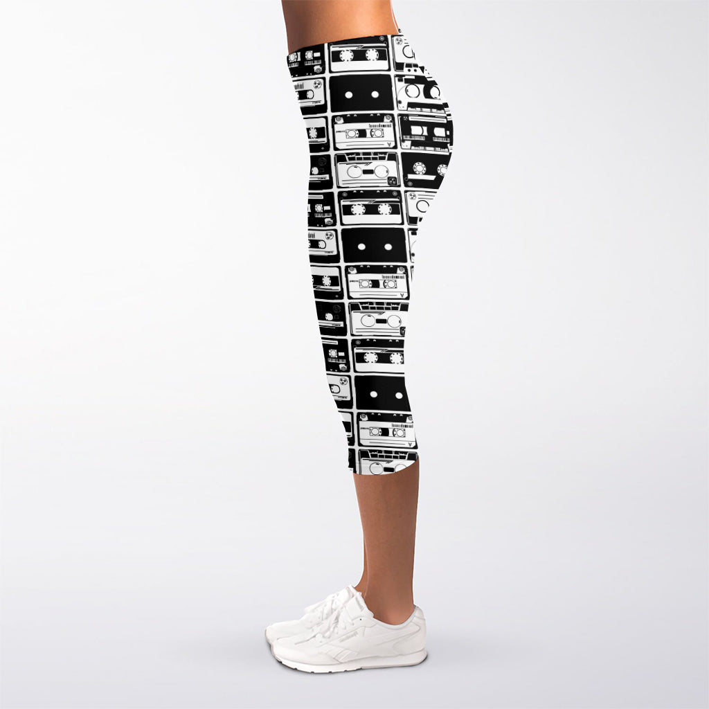 Black And White Cassette Tape Print Women's Capri Leggings