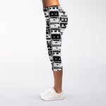 Black And White Cassette Tape Print Women's Capri Leggings