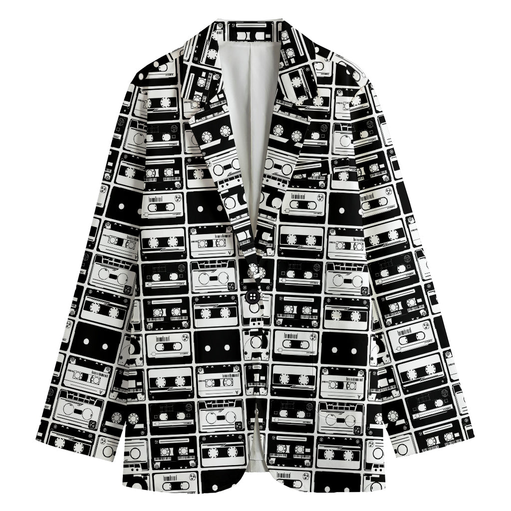 Black And White Cassette Tape Print Women's Cotton Blazer