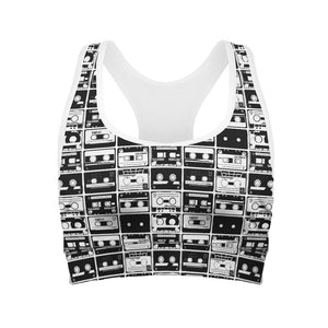 Black And White Cassette Tape Print Women's Sports Bra