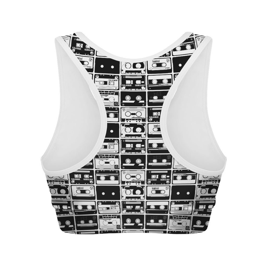 Black And White Cassette Tape Print Women's Sports Bra