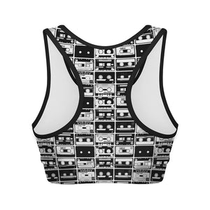 Black And White Cassette Tape Print Women's Sports Bra