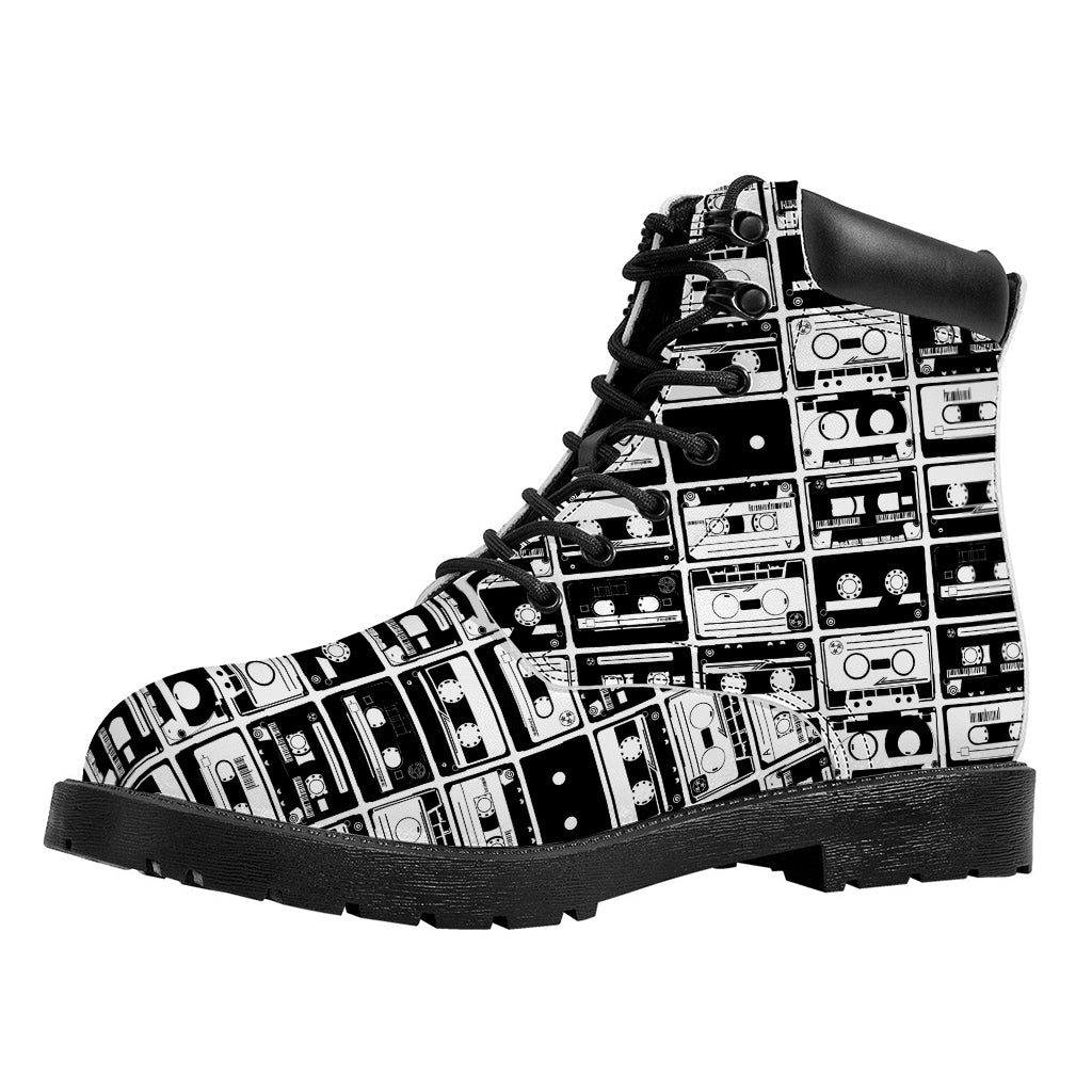 Black And White Cassette Tape Print Work Boots