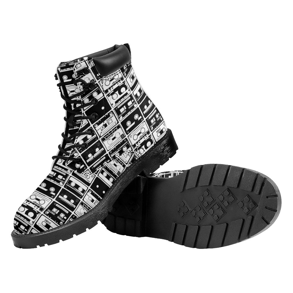 Black And White Cassette Tape Print Work Boots