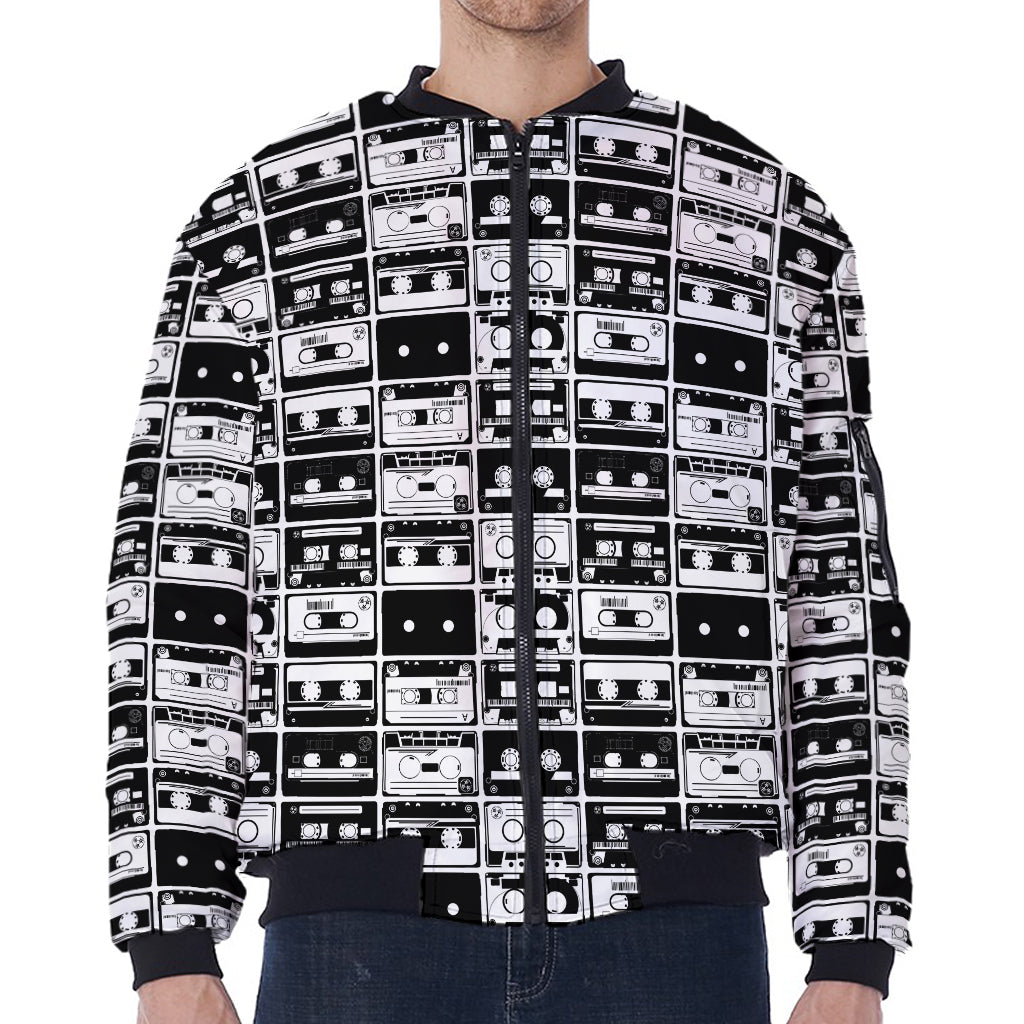 Black And White Cassette Tape Print Zip Sleeve Bomber Jacket