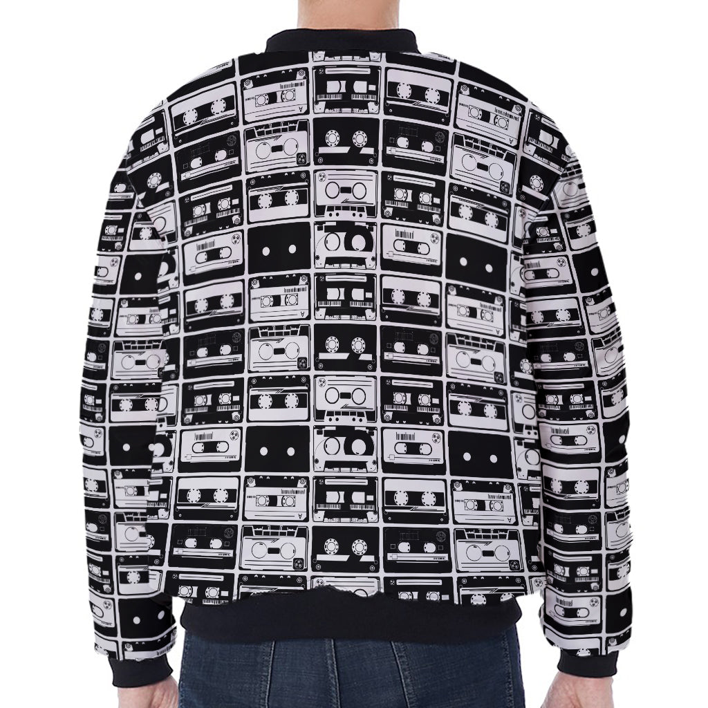 Black And White Cassette Tape Print Zip Sleeve Bomber Jacket